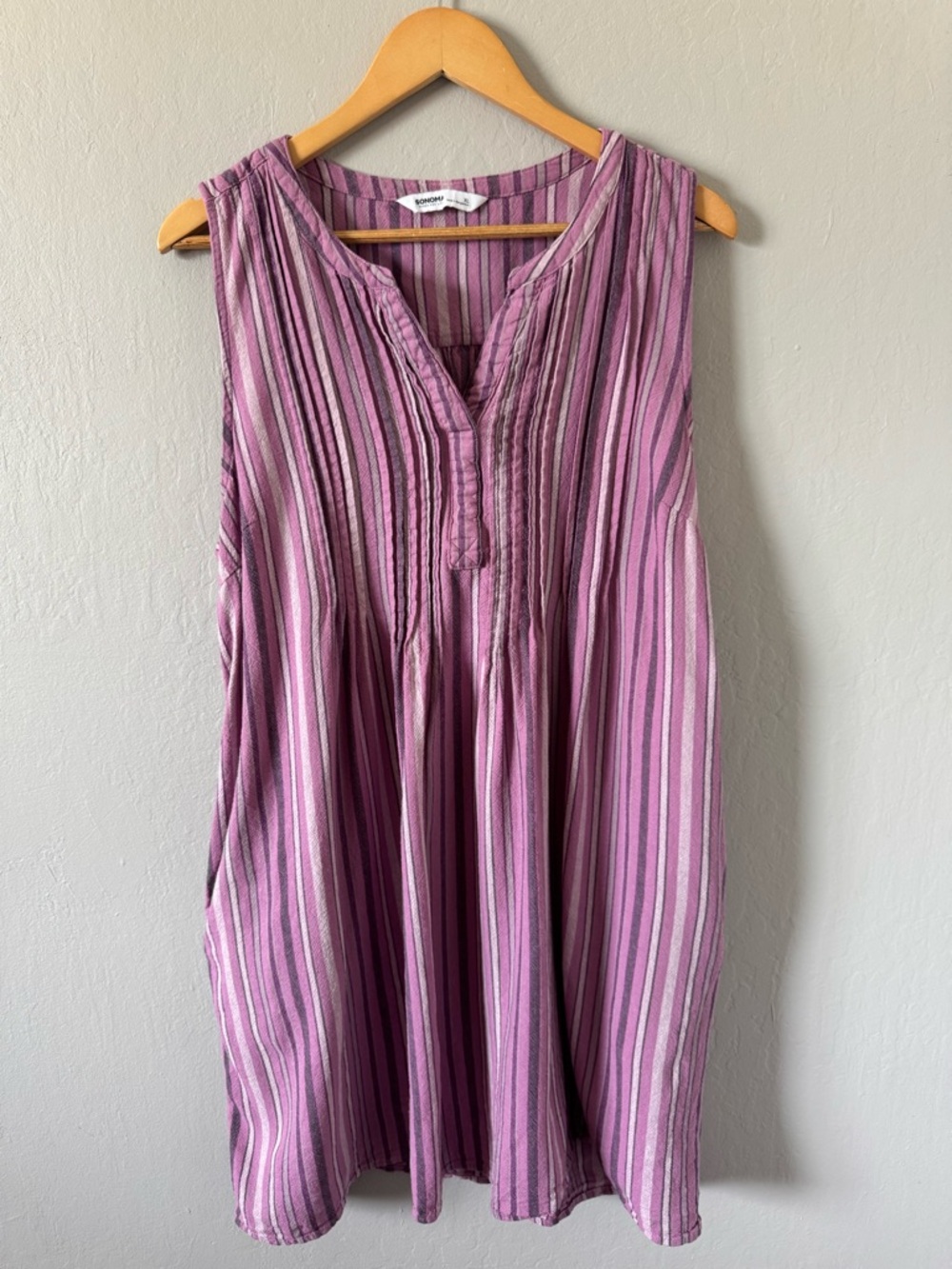 Sonoma Striped Linen Blend Sleeveless Pintuck Dress w/ pockets Pink and Mauve XL